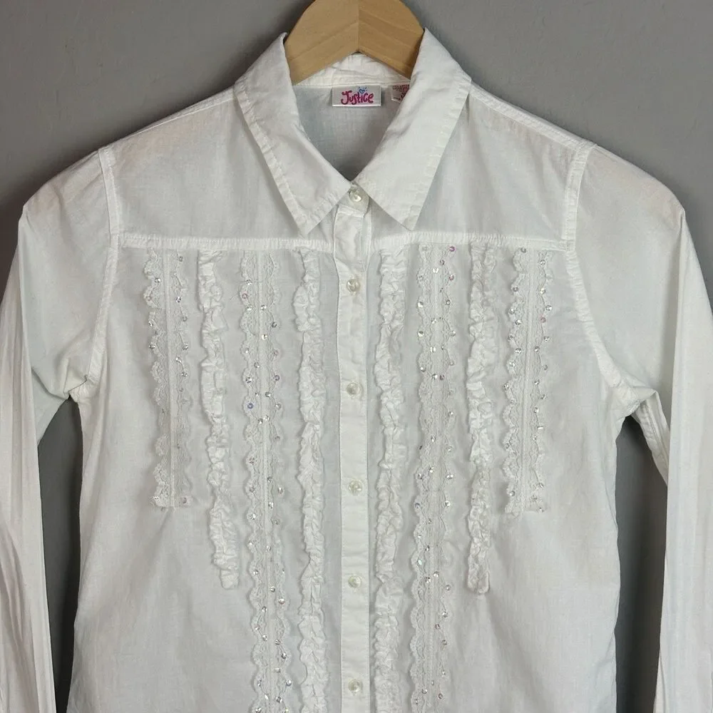 VTG Y2K Justice Button Up Shirt Girls 10 White Long Sleeve Lace Ruffle Coquette